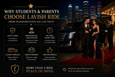 Students and parents choosing Houston prom transportation with professional chauffeur service, luxury SUV travel, and safe prom night transportation experience
