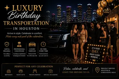 Luxury birthday transportation in Houston with black SUV chauffeur service for birthday parties, celebrations, and private group travel events