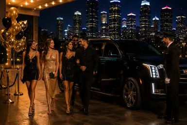 Professional birthday limo service in Houston with luxury SUV chauffeur transportation for birthday celebrations and private group events at night
