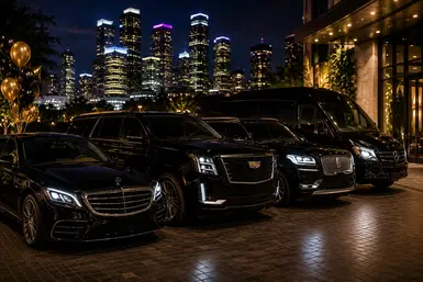 Luxury vehicle options for Houston birthday transportation including black sedan, SUV, and Sprinter van chauffeur services for private celebrations and group travel