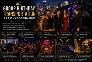 Group birthday transportation and party coordination in Houston with luxury chauffeur service, private party shuttle transportation, nightlife group travel, and premium birthday celebration transportation services