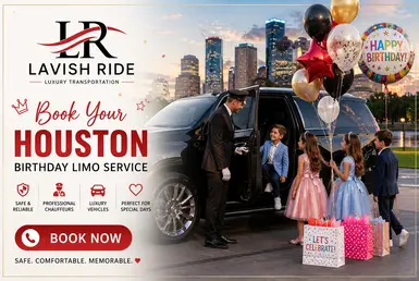 Kids birthday transportation service in Houston with luxury SUV chauffeur service, balloons, and safe group travel for children’s birthday celebrations