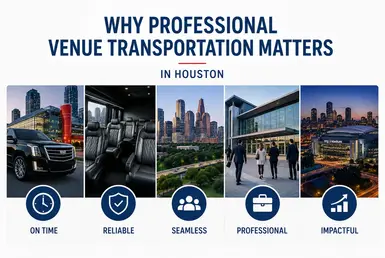 Houston professional venue transportation infographic featuring luxury chauffeur service, convention centers, executive travel, and event transportation benefits.