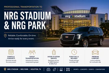 Luxury transportation service to NRG Stadium and NRG Park in Houston featuring NRG executive SUV chauffeur service for events, concerts, and conventions.