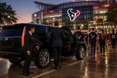 Houston Texans Transportation Services, Luxury SUV chauffeur service outside NRG Stadium during a Houston Texans game in Houston, Texas.