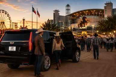 Luxury SUV chauffeur service for Houston Rodeo transportation near NRG Park with rodeo guests arriving at the event grounds in Houston, Texas.
