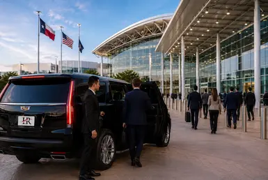 Executive SUV transportation service for conventions and OTC events at NRG Park in Houston with business travelers arriving at the venue entrance.
