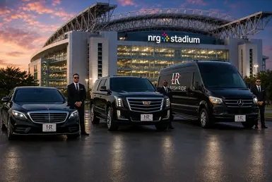 Luxury black car fleet outside NRG Stadium in Houston featuring a Mercedes S-Class, Cadillac Escalade SUV, and Sprinter van with professional chauffeurs and Lavish Ride branding.