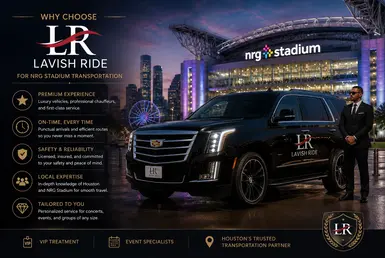 Lavish Ride luxury SUV chauffeur service outside NRG Stadium in Houston featuring premium event transportation and professional black car service.