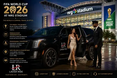 Luxury Cadillac Escalade chauffeur service for FIFA World Cup 2026 at NRG Stadium in Houston featuring VIP event transportation and professional chauffeur assistance.
