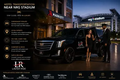 Luxury hotel transportation near NRG Stadium in Houston featuring Cadillac Escalade chauffeur service with hotel pickup and drop-off for events and stadium travel.