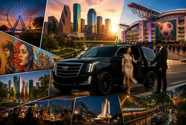 Luxury Cadillac Escalade chauffeur service exploring Houston during FIFA World Cup 2026 with Houston skyline, attractions, dining, and NRG Stadium scenes.
