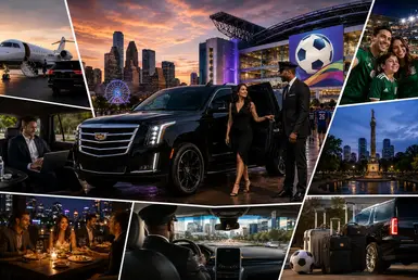 Luxury chauffeur transportation during FIFA World Cup 2026 in Houston featuring Cadillac Escalade service, airport transfers, stadium arrivals, and VIP event travel.
