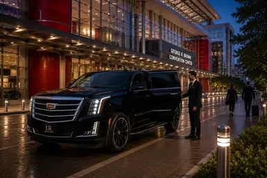 Executive Cadillac Escalade transportation service at George R. Brown Convention Center in Houston with professional chauffeur assistance and Lavish Ride branding.