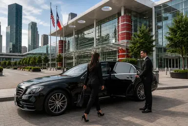 Mercedes-Benz S-Class chauffeur service at George R. Brown Convention Center in Downtown Houston with professional executive transportation for business travelers and convention guests.