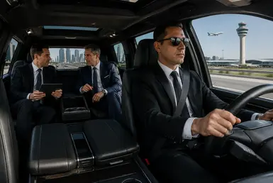 Cadillac Escalade airport transportation to George R. Brown Convention Center in Houston with professional chauffeur service and executives discussing business during the ride.