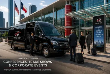 Luxury Mercedes-Benz Sprinter van transportation for conferences, trade shows, and corporate events at George R. Brown Convention Center in Downtown Houston with Lavish Ride branding.