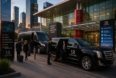 Downtown Houston convention transportation logistics featuring Cadillac Escalade and Mercedes-Benz Sprinter executive transportation service at George R. Brown Convention Center with Lavish Ride branding.