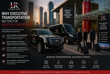 Executive transportation service for Houston conventions at George R. Brown Convention Center featuring Cadillac Escalade and Mercedes-Benz Sprinter luxury chauffeur transportation with Lavish Ride branding.