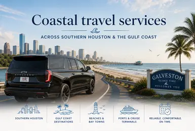 Luxury black Chevrolet Suburban 2026 providing coastal travel services along the Southern Houston and Gulf Coast highway near Galveston Island with Lavish Ride branding, beach scenery, and Houston skyline in the background.