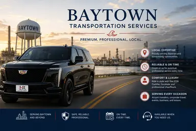 Black Cadillac Escalade 2026 with Lavish Ride logo license plate driving through Baytown industrial waterfront area at sunset, representing premium luxury transportation and chauffeur services in Baytown, Texas.