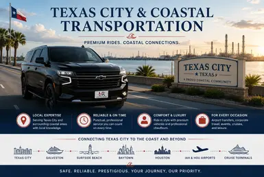 Black Chevrolet Suburban luxury SUV with Lavish Ride branded license plate driving along the Texas City waterfront near coastal industrial facilities and palm-lined roads, representing premium Texas City and Gulf Coast transportation services.