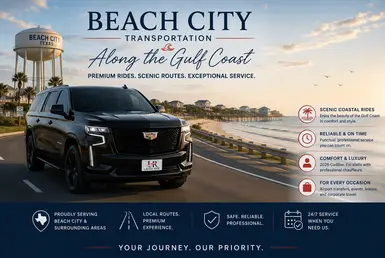 Black Cadillac Escalade luxury SUV driving along a scenic Gulf Coast beach highway with palm trees, coastal views, and upscale waterfront surroundings, representing premium Beach City transportation services along the Texas Gulf Coast.