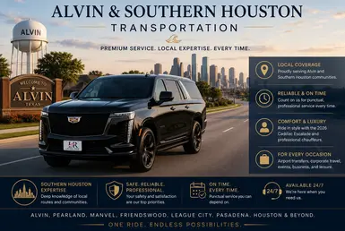 Black Cadillac Escalade luxury SUV with Lavish Ride branded license plate driving through Alvin and Southern Houston suburban roads with Houston skyline in the background, representing premium chauffeur and transportation services across Southern Houston communities.