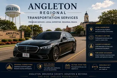 Black 2026 Mercedes-Benz S-Class sedan with Lavish Ride branded license plate driving through downtown Angleton, Texas near local landmarks and civic buildings, representing premium regional transportation and chauffeur services across Brazoria County and Southern Houston.