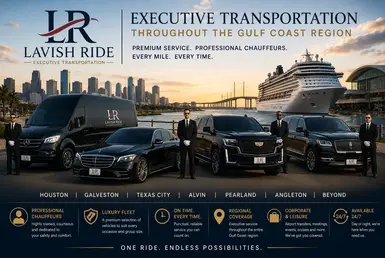 Luxury executive transportation fleet featuring black Mercedes-Benz Sprinter van, Mercedes S-Class sedan, Cadillac Escalade, and luxury SUVs with Lavish Ride branding and professional chauffeurs standing beside the vehicles near the Houston Gulf Coast waterfront and cruise terminal at sunset.