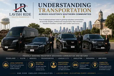 Luxury chauffeur-driven transportation vehicles traveling through Southern Houston communities with suburban roads, city connections, and Gulf Coast regional scenery, representing professional executive transportation services across Houston’s southern corridor.