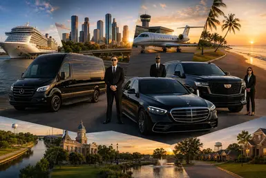 Luxury Gulf Coast transportation scene featuring chauffeur-driven black Mercedes-Benz Sprinter van, Mercedes S-Class sedan, and Cadillac Escalade near coastal roads, cruise terminals, private aviation, Houston skyline, and upscale Southern Houston communities at sunset.