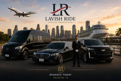 Luxury Gulf Coast transportation fleet featuring a black Mercedes-Benz Sprinter van, Mercedes-Benz S-Class sedan, and Cadillac Escalade with Lavish Ride branding parked near the Houston waterfront with a cruise ship, private jet, downtown skyline, and professional chauffeur at sunset.