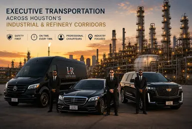 Luxury executive transportation fleet featuring a black Mercedes-Benz Sprinter van, Mercedes-Benz S-Class sedan, and Cadillac Escalade with professional chauffeurs parked in front of Houston industrial refinery facilities at sunset, representing premium transportation services across Houston’s refinery and energy corridors.