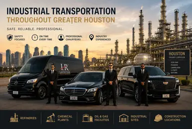 Luxury industrial transportation fleet featuring black executive SUVs, Mercedes-Benz Sprinter van, and professional chauffeurs operating throughout Greater Houston’s refinery, chemical plant, oil and gas, and industrial energy corridors at sunset.