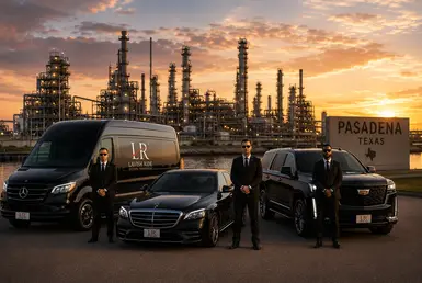 Luxury executive transportation fleet featuring black Mercedes-Benz Sprinter van, Mercedes-Benz S-Class sedan, Cadillac Escalade, and professional chauffeurs positioned near Pasadena refinery and industrial facilities at sunset, representing premium industrial transportation services in Pasadena, Texas.