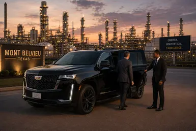 Professional chauffeur opening the rear passenger door of a black 2026 Cadillac Escalade for a business executive near Mont Belvieu petrochemical and energy facilities at sunset, representing luxury executive transportation for refinery and industrial operations.