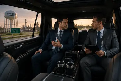 Two business executives discussing work inside the rear cabin of a moving 2026 Cadillac Escalade near Dayton, Texas industrial and refinery corridors, representing luxury regional transportation for corporate and industrial professionals.