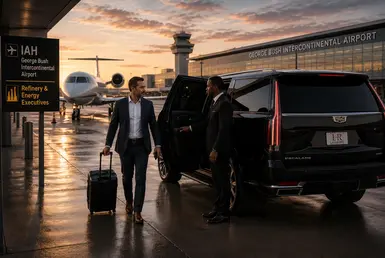 Professional chauffeur assisting an energy executive with airport pickup beside a black Cadillac Escalade at George Bush Intercontinental Airport near a private jet, representing luxury airport transportation for Houston refinery and energy industry professionals.