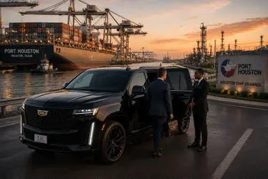 Professional chauffeur assisting a business executive beside a black Cadillac Escalade near Port Houston and the Houston Ship Channel with cargo ships, shipping containers, refinery infrastructure, and industrial port operations at sunset.