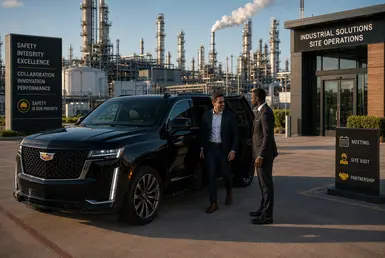 Business executives arriving in a black Cadillac Escalade for an industrial meeting and refinery site visit near Houston energy facilities, representing luxury corporate transportation for industrial operations and executive travel.