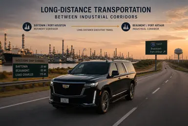 Black Cadillac Escalade driving along Interstate 10 between Houston Ship Channel and Gulf Coast refinery corridors at sunset, representing luxury long-distance transportation between industrial, petrochemical, and energy regions across Southeast Texas.