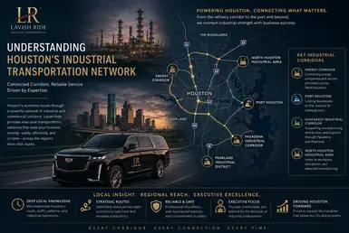 Professional industrial transportation fleet operating throughout Houston’s refinery, energy, manufacturing, and commercial corridors with luxury executive vehicles and chauffeurs.