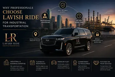 Luxury industrial transportation experience featuring executive black vehicles, professional chauffeurs, refinery corridor access, and corporate travel services across Greater Houston.