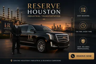 Luxury Houston industrial transportation fleet with professional chauffeurs, executive SUVs, sedans, and shuttle vehicles ready for refinery, corporate, and energy corridor transportation services.