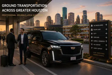 Luxury ground transportation across Greater Houston with black Cadillac Escalade, business travelers, and Houston skyline backdrop.