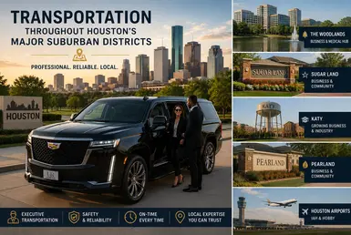 Luxury transportation service across Houston’s major suburban districts featuring a black Cadillac Escalade, professional travelers, and upscale suburban city connections throughout Greater Houston.