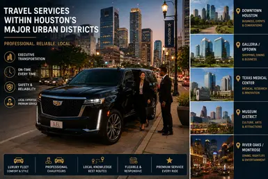 Luxury travel services within Houston’s major urban districts featuring a black Cadillac Escalade, professional travelers, and executive transportation across Downtown Houston, Galleria, Texas Medical Center, Museum District, and River Oaks.