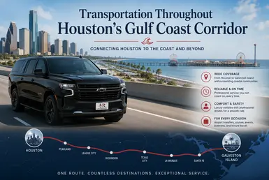Black Chevrolet Suburban luxury SUV with Lavish Ride branded license plate driving along Houston’s Gulf Coast Corridor highway toward Galveston Island with coastal views, skyline, and premium transportation service graphics.