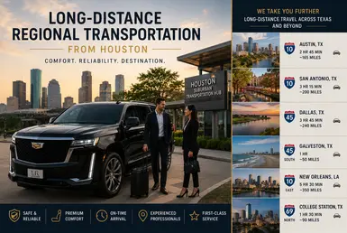 Luxury long-distance regional transportation from Houston featuring a black Cadillac Escalade, professional travelers, and executive travel connections to major Texas cities including Austin, Dallas, San Antonio, Galveston, and New Orleans.